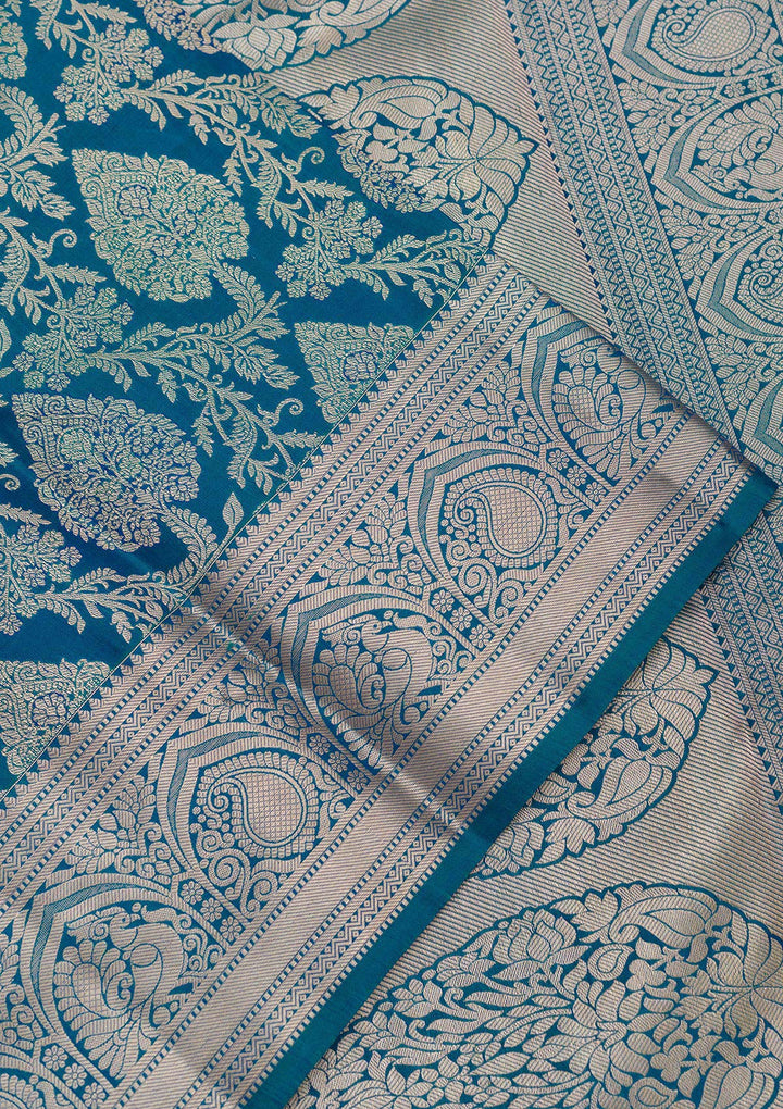 Peacock Blue Zariwork Pure Silk Saree-Koskii