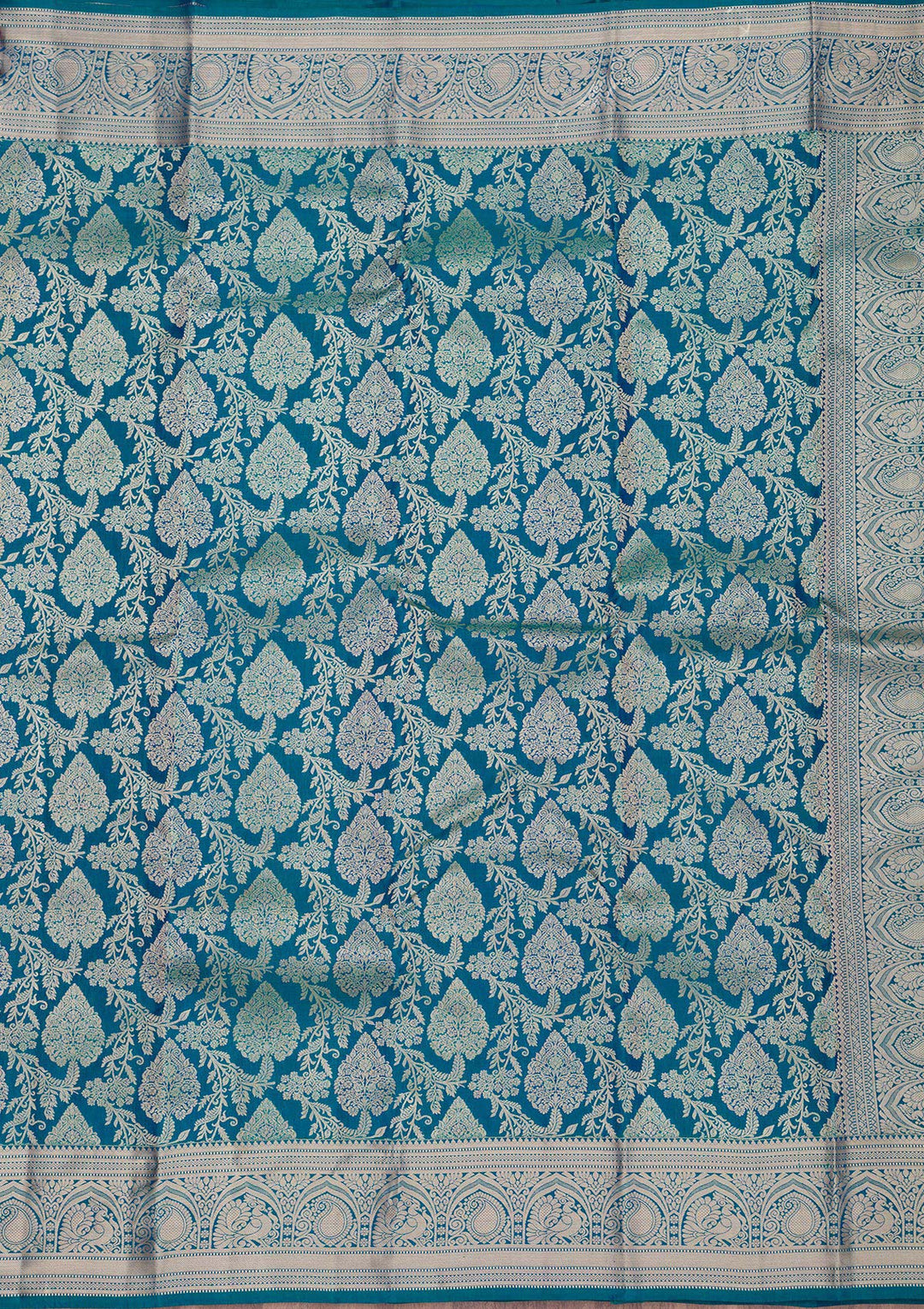 Peacock Blue Zariwork Pure Silk Saree-Koskii