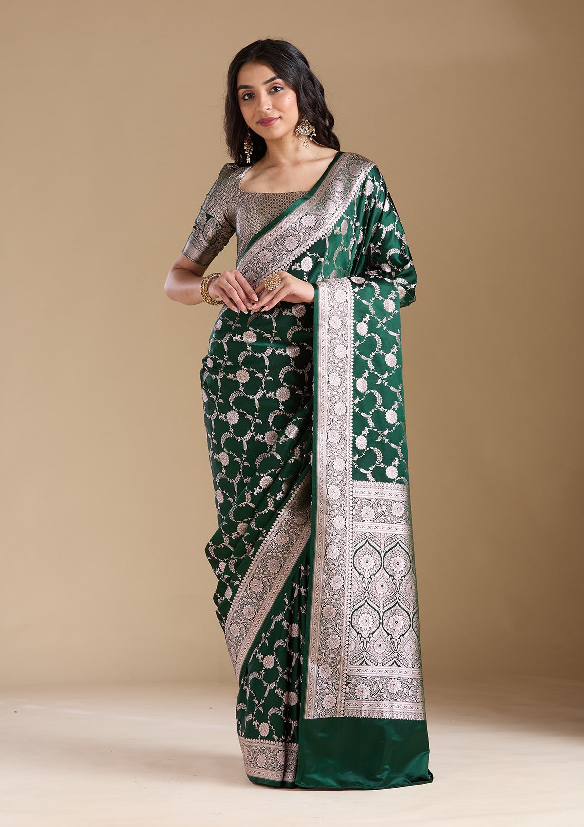 Bottle Green Zariwork (Silver) Banarasi Silk Saree-koskii