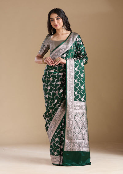 Bottle Green Zariwork (Silver) Banarasi Silk Saree-koskii