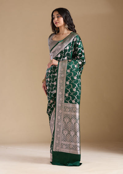 Bottle Green Zariwork (Silver) Banarasi Silk Saree-koskii