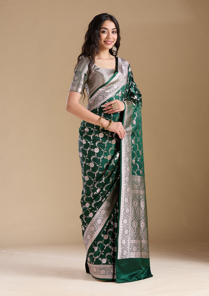 Bottle Green Zariwork (Silver) Banarasi Silk Saree-koskii