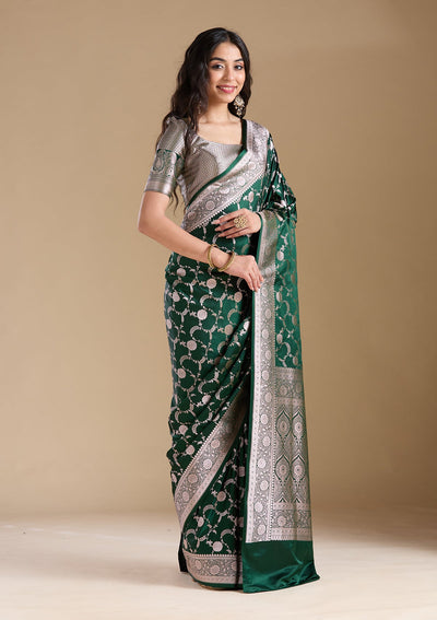 Bottle Green Zariwork (Silver) Banarasi Silk Saree-koskii