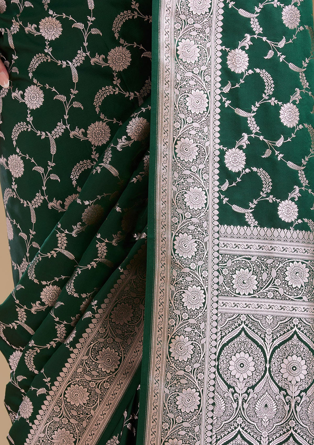 Bottle Green Zariwork (Silver) Banarasi Silk Saree-koskii