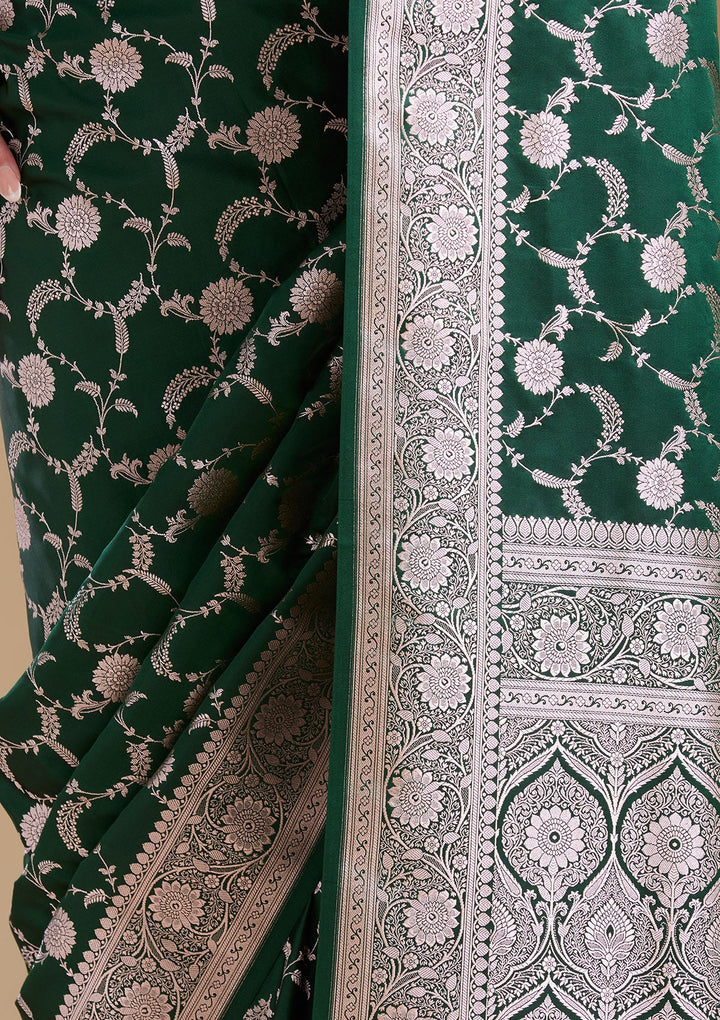 Bottle Green Zariwork (Silver) Banarasi Silk Saree-koskii