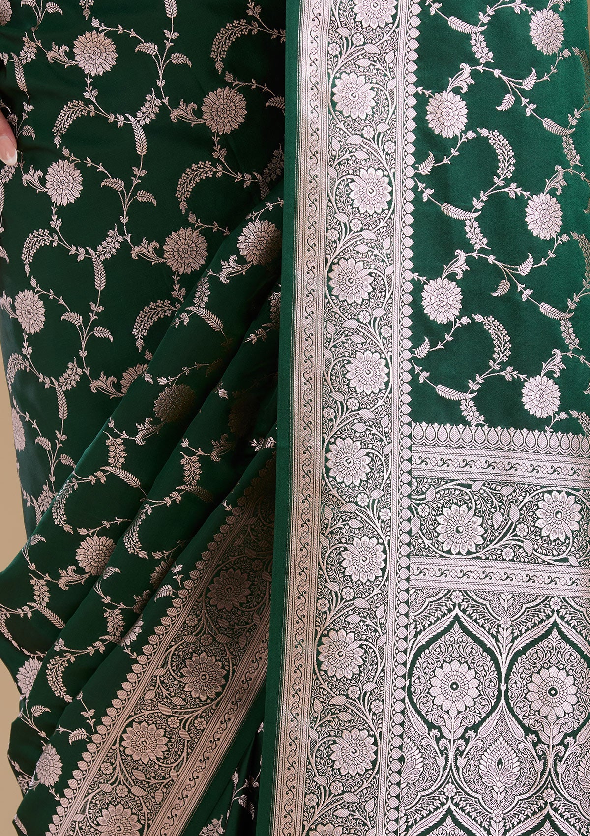 Bottle Green Zariwork (Silver) Banarasi Silk Saree-koskii