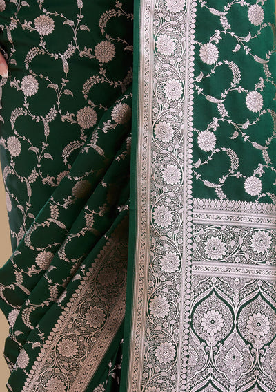 Bottle Green Zariwork (Silver) Banarasi Silk Saree-koskii