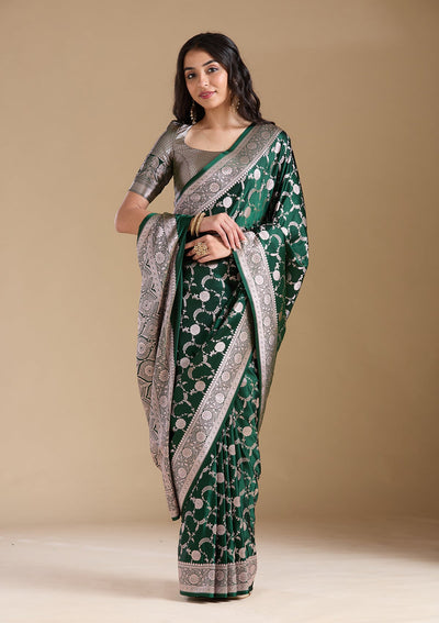 Bottle Green Zariwork (Silver) Banarasi Silk Saree-koskii