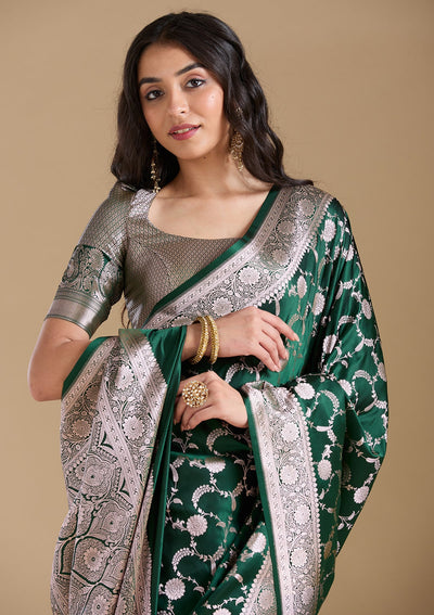 Bottle Green Zariwork (Silver) Banarasi Silk Saree-koskii