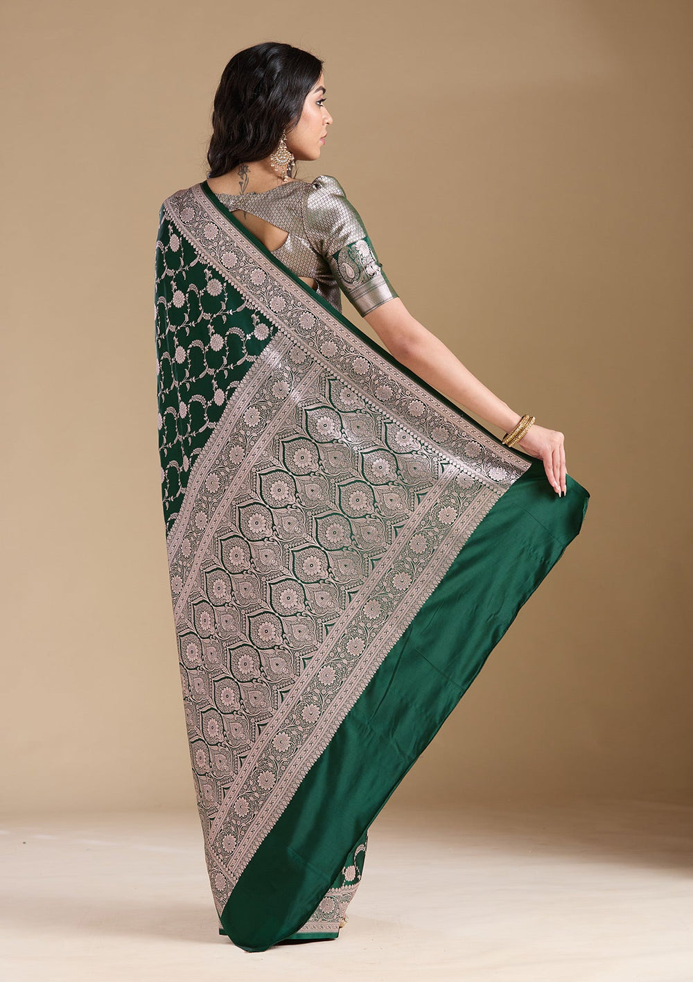 Bottle Green Zariwork (Silver) Banarasi Silk Saree-koskii