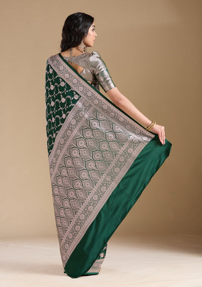 Bottle Green Zariwork (Silver) Banarasi Silk Saree-koskii