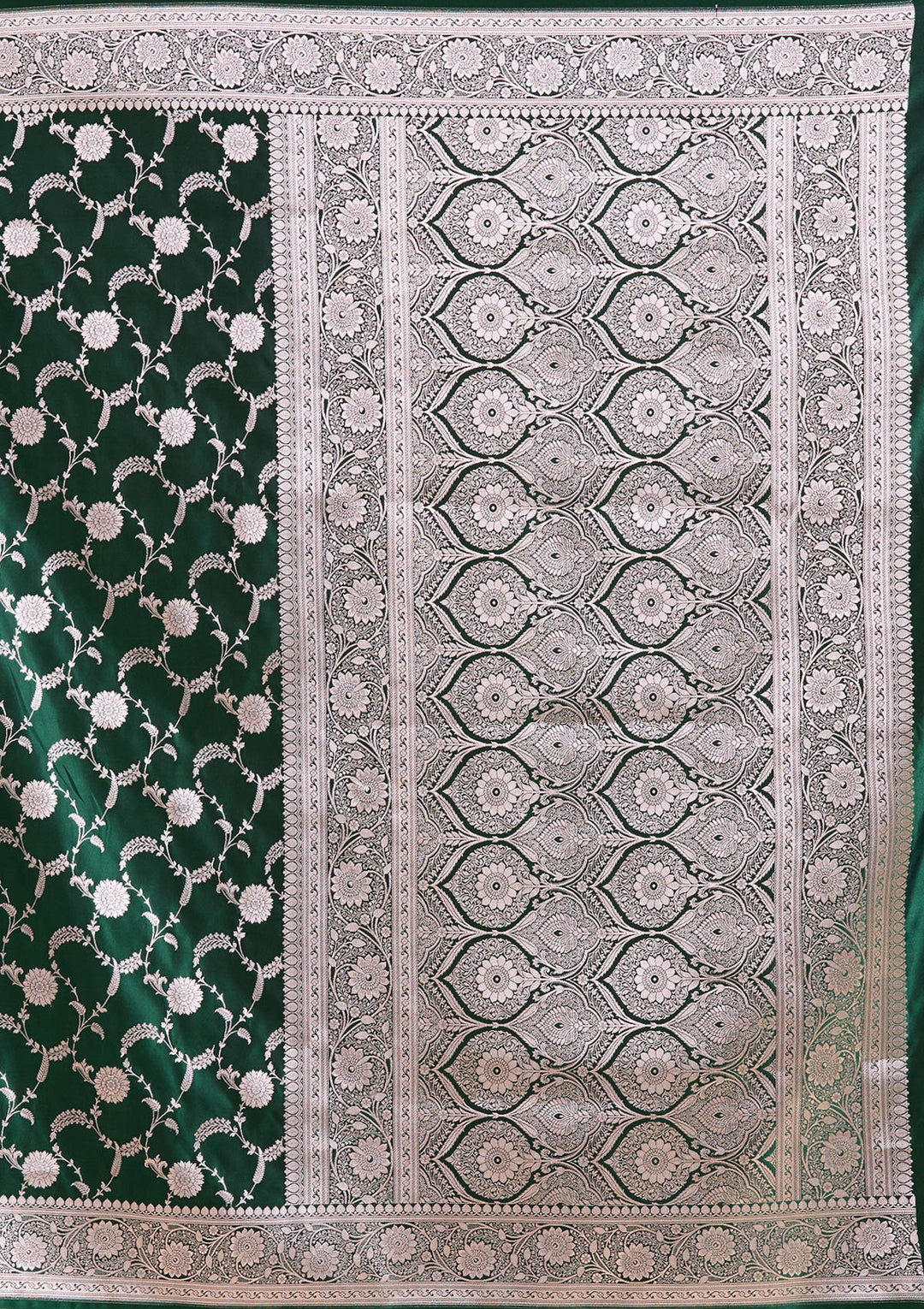Bottle Green Zariwork (Silver) Banarasi Silk Saree-koskii