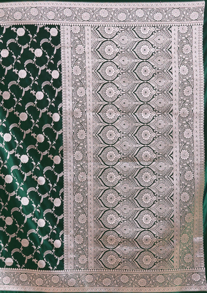 Bottle Green Zariwork (Silver) Banarasi Silk Saree-koskii