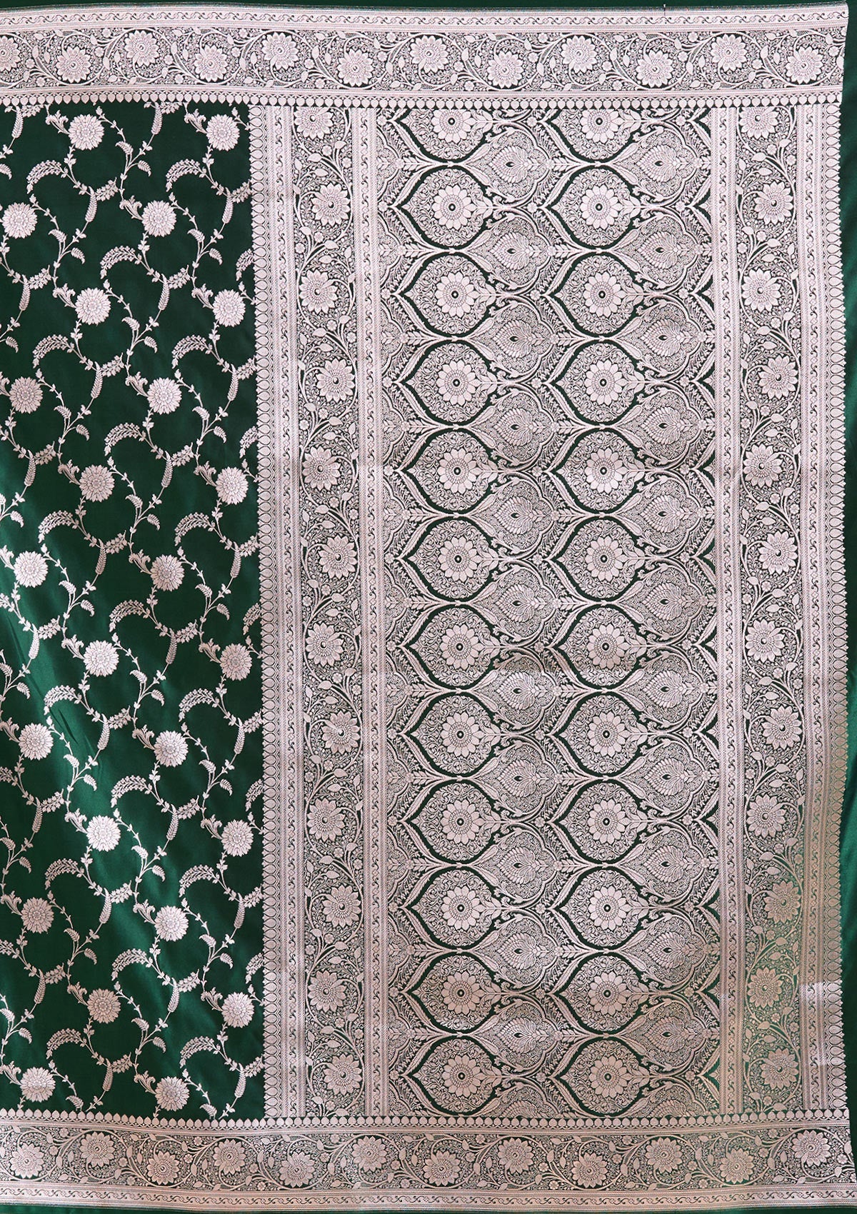 Bottle Green Zariwork (Silver) Banarasi Silk Saree-koskii