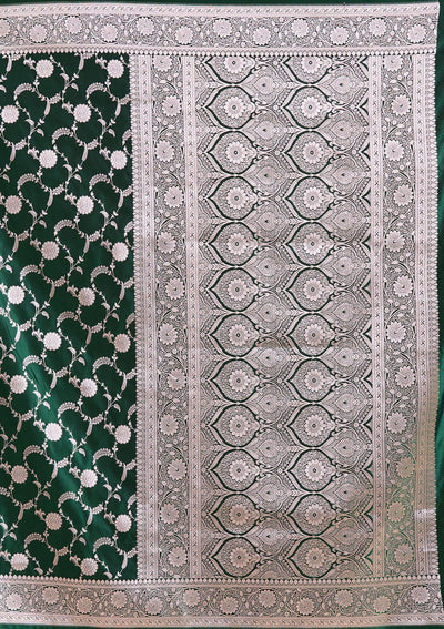 Bottle Green Zariwork (Silver) Banarasi Silk Saree-koskii
