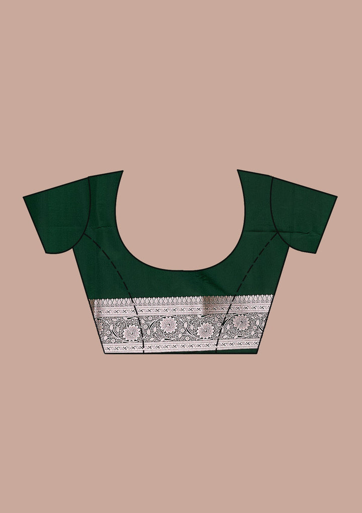 Bottle Green Zariwork (Silver) Banarasi Silk Saree-koskii