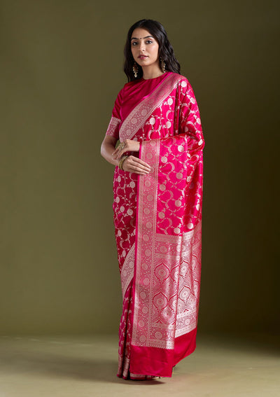 Rani Pink Zariwork (Silver) Banarasi Silk Saree-koskii