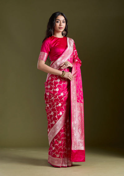 Rani Pink Zariwork (Silver) Banarasi Silk Saree-koskii