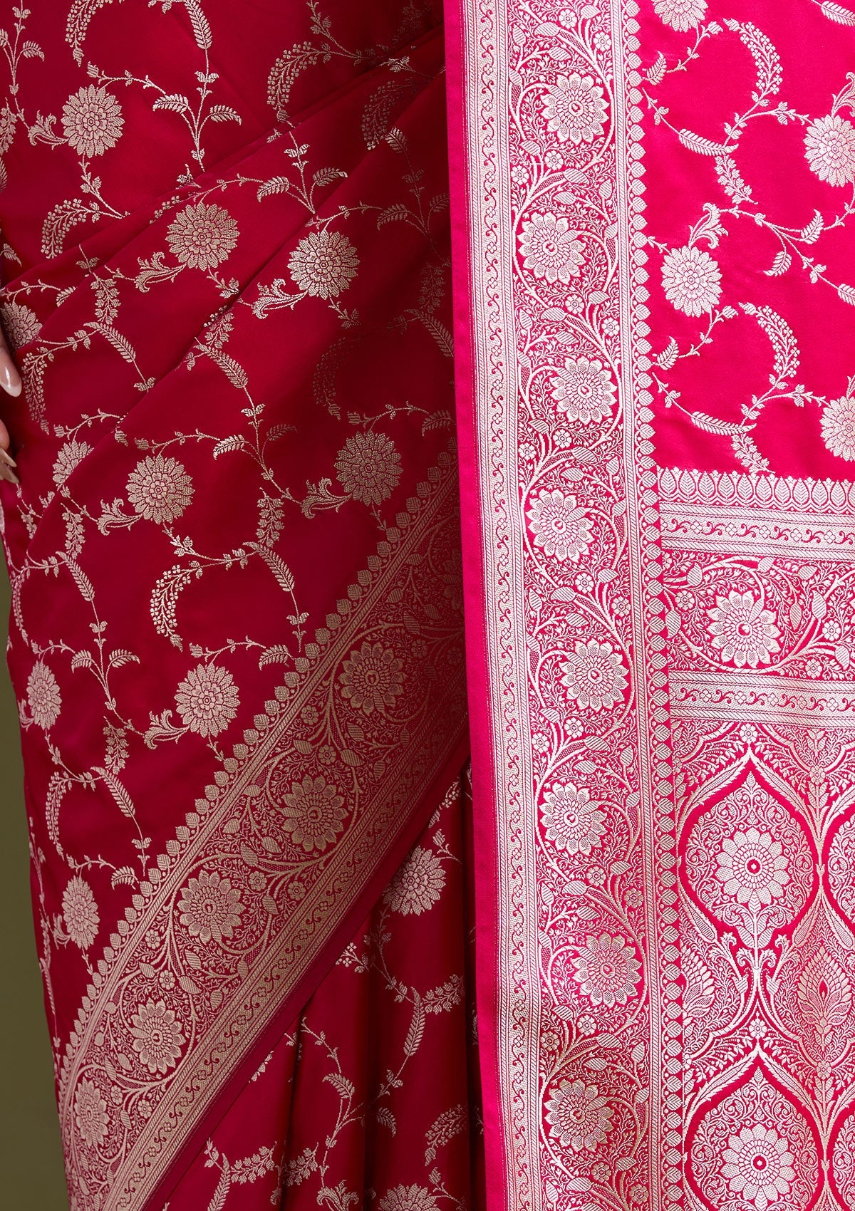 Rani Pink Zariwork (Silver) Banarasi Silk Saree-koskii