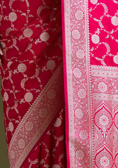 Rani Pink Zariwork (Silver) Banarasi Silk Saree-koskii