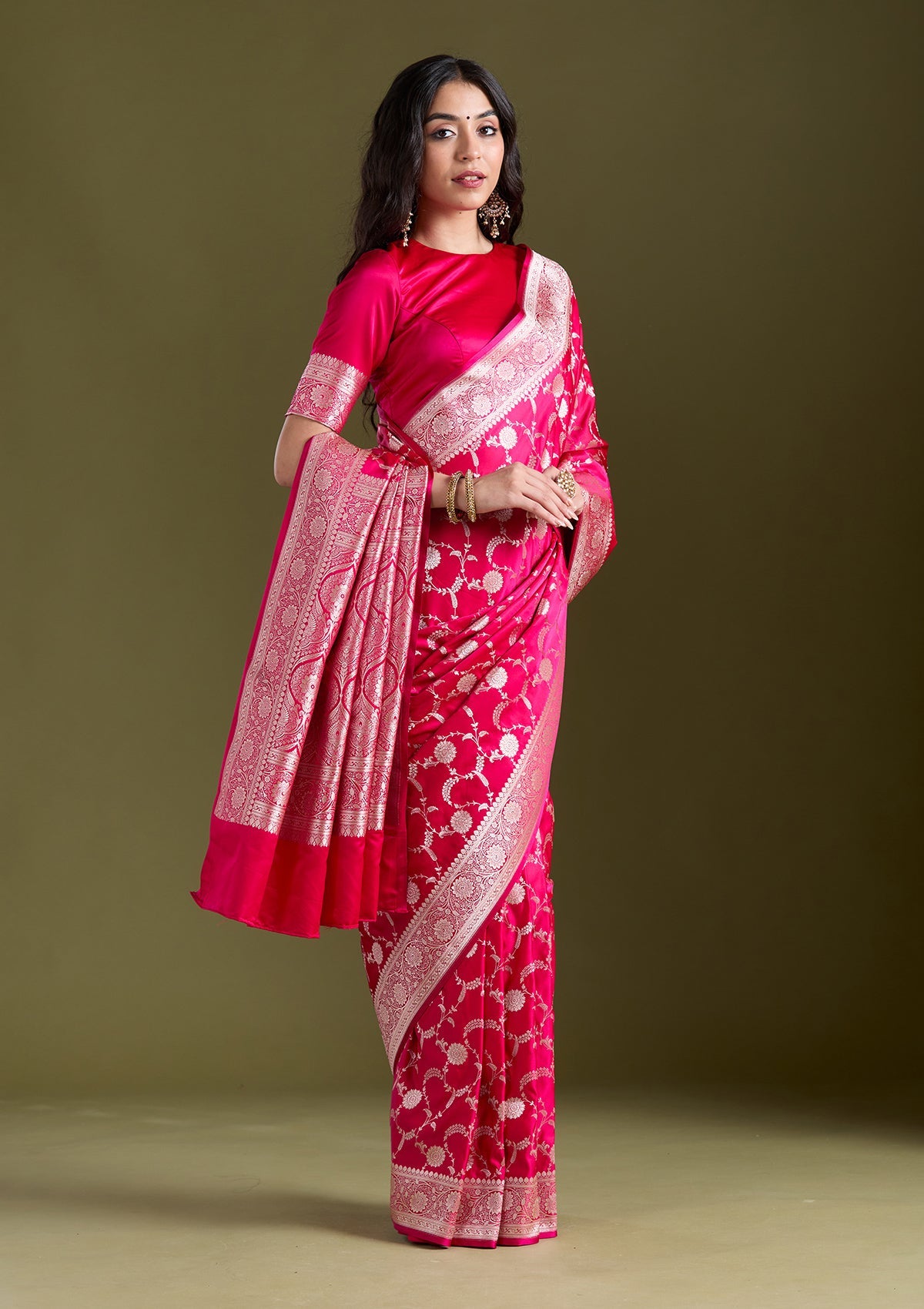 Rani Pink Zariwork (Silver) Banarasi Silk Saree-koskii