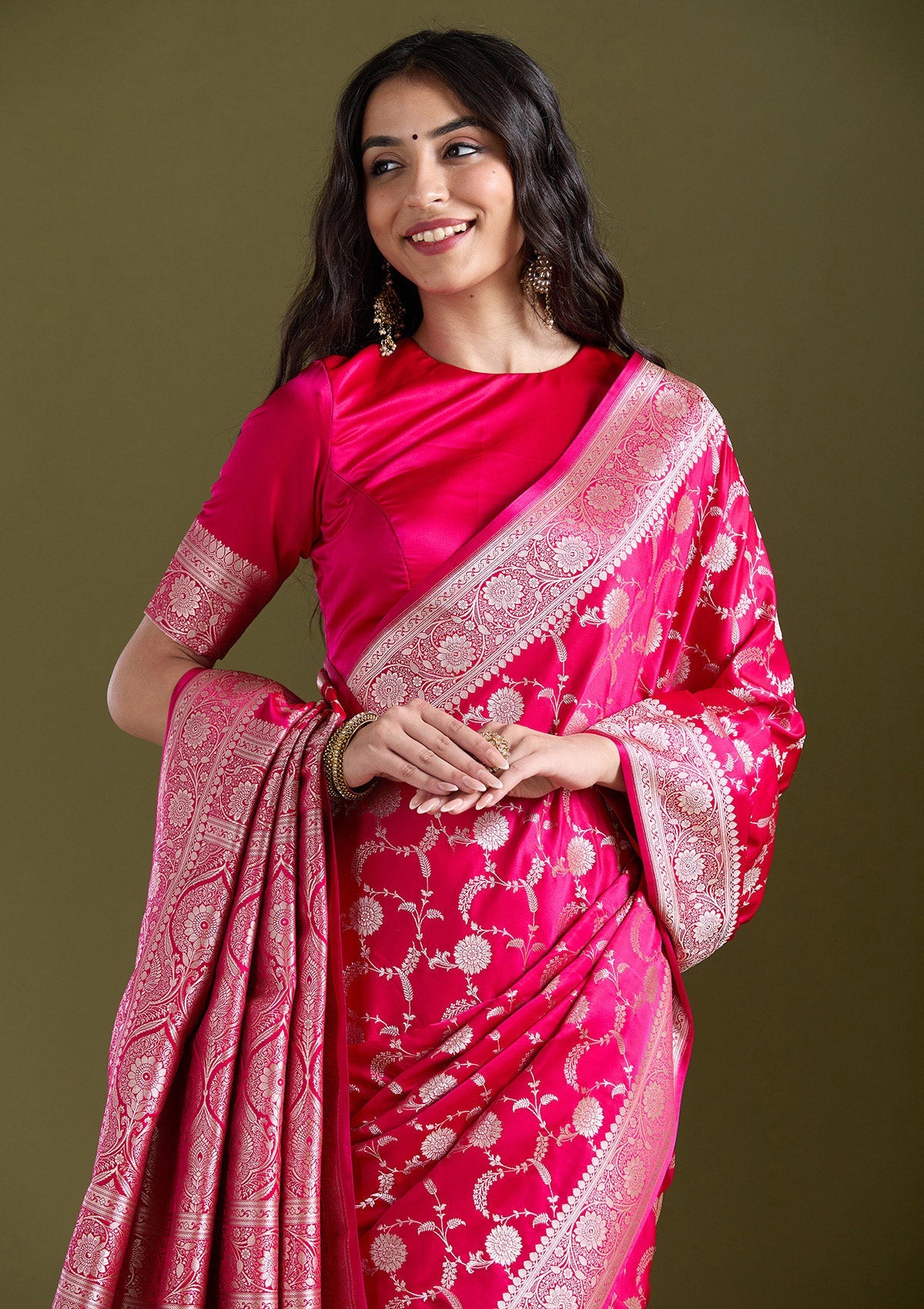 Rani Pink Zariwork (Silver) Banarasi Silk Saree-koskii
