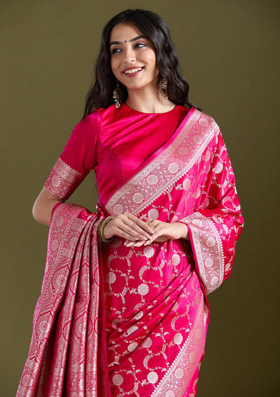 Rani Pink Zariwork (Silver) Banarasi Silk Saree-koskii