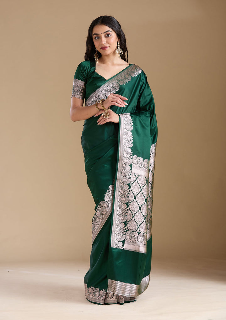 Bottle Green Zariwork (Gold) Banarasi Silk Saree-koskii