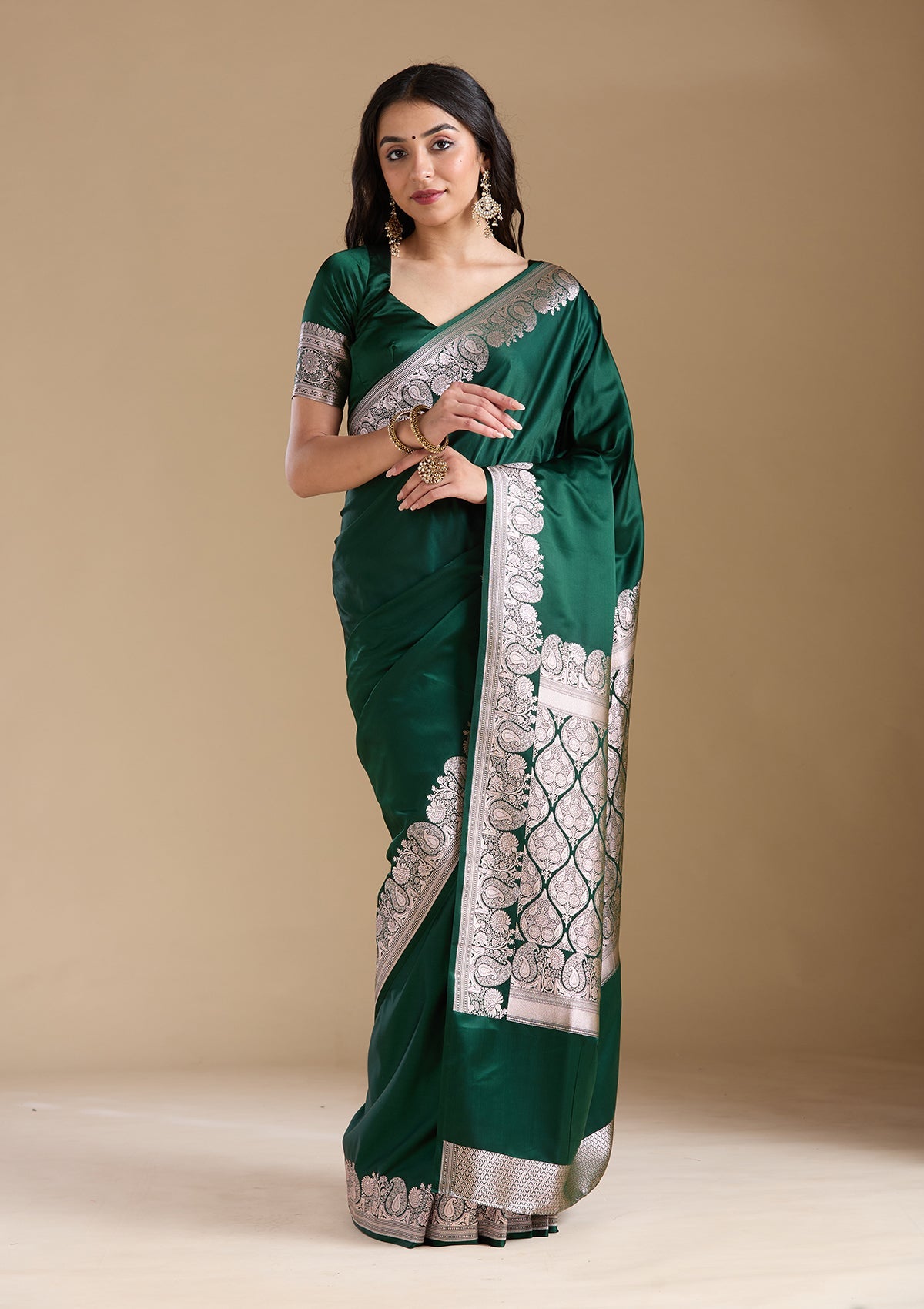Bottle Green Zariwork (Gold) Banarasi Silk Saree-koskii