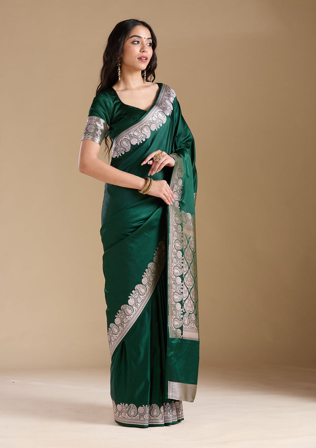 Bottle Green Zariwork (Gold) Banarasi Silk Saree-koskii