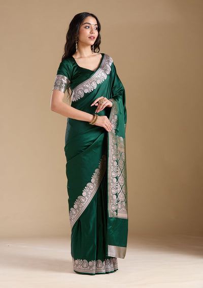 Bottle Green Zariwork (Gold) Banarasi Silk Saree-koskii