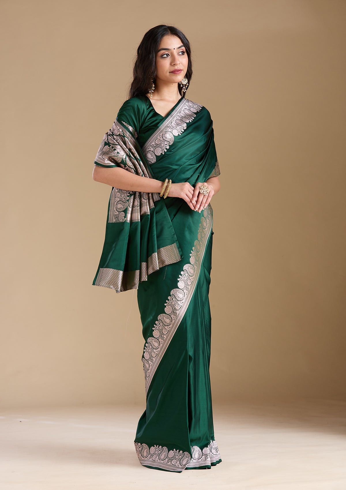 Bottle Green Zariwork (Gold) Banarasi Silk Saree-koskii