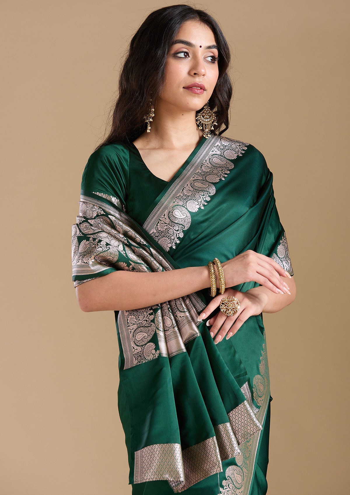 Bottle Green Zariwork (Gold) Banarasi Silk Saree-koskii