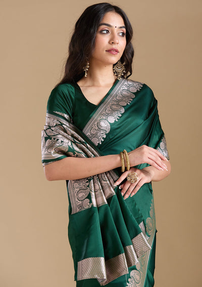 Bottle Green Zariwork (Gold) Banarasi Silk Saree-koskii