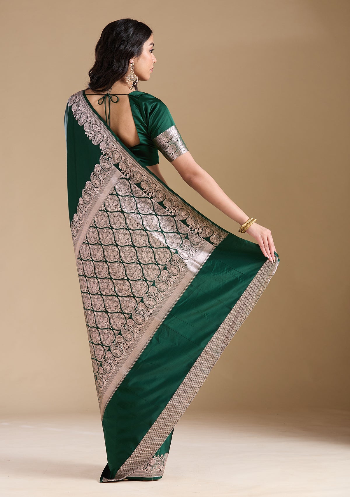 Bottle Green Zariwork (Gold) Banarasi Silk Saree-koskii