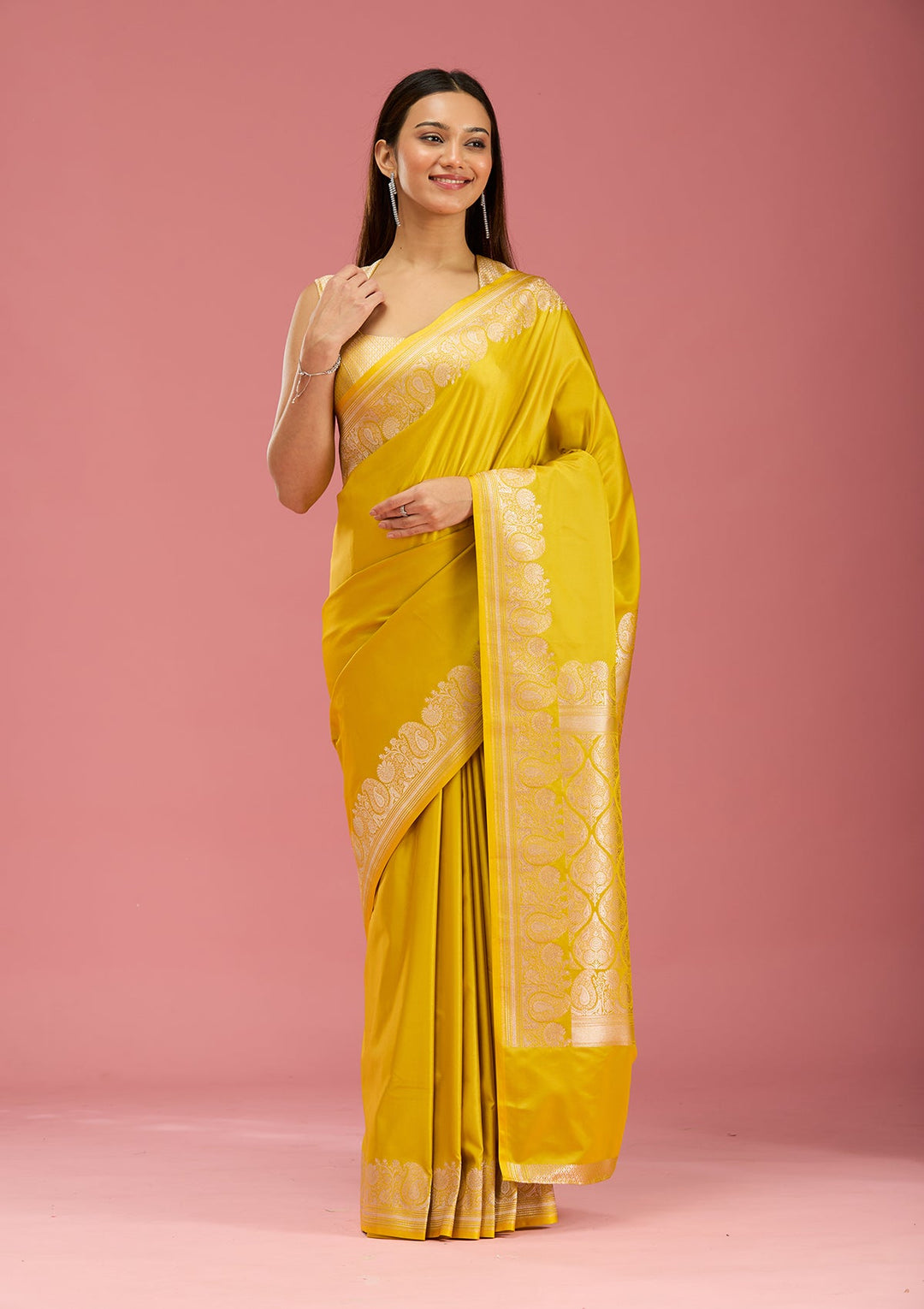 Mustard Zariwork (Gold) Satin  Silk_Saree-Koskii