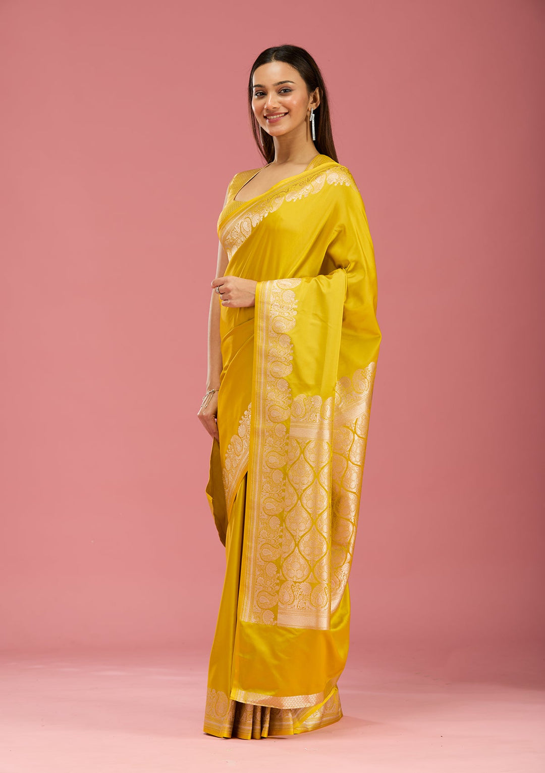 Mustard Zariwork (Gold) Satin  Silk_Saree-Koskii
