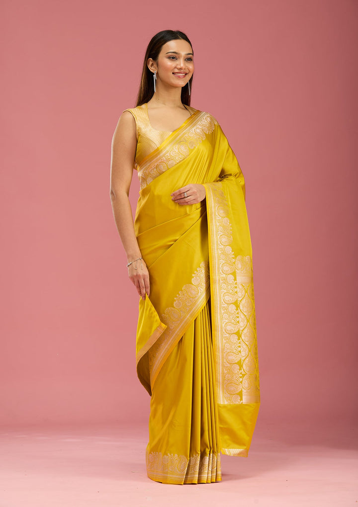 Mustard Zariwork (Gold) Satin  Silk_Saree-Koskii