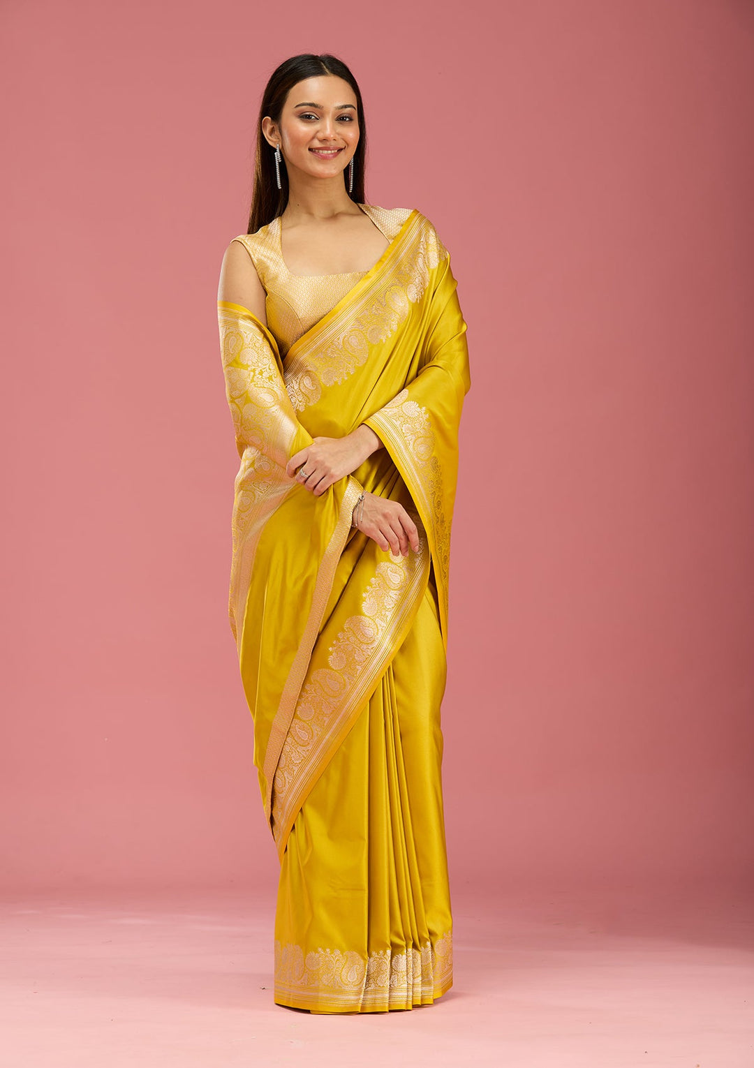 Mustard Zariwork (Gold) Satin  Silk_Saree-Koskii