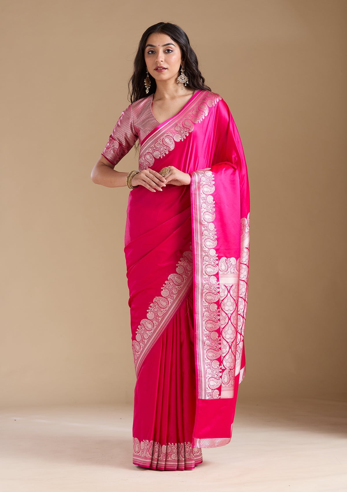 Rani Pink Zariwork (Gold) Banarasi Silk Saree-koskii