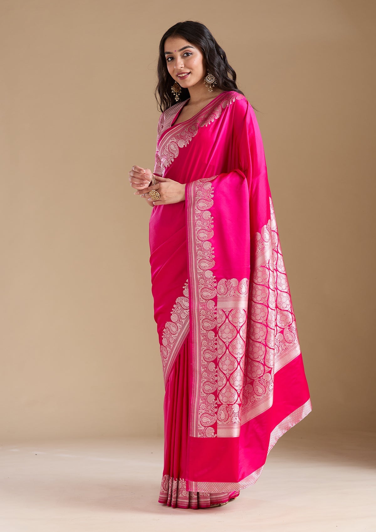 Rani Pink Zariwork (Gold) Banarasi Silk Saree-koskii