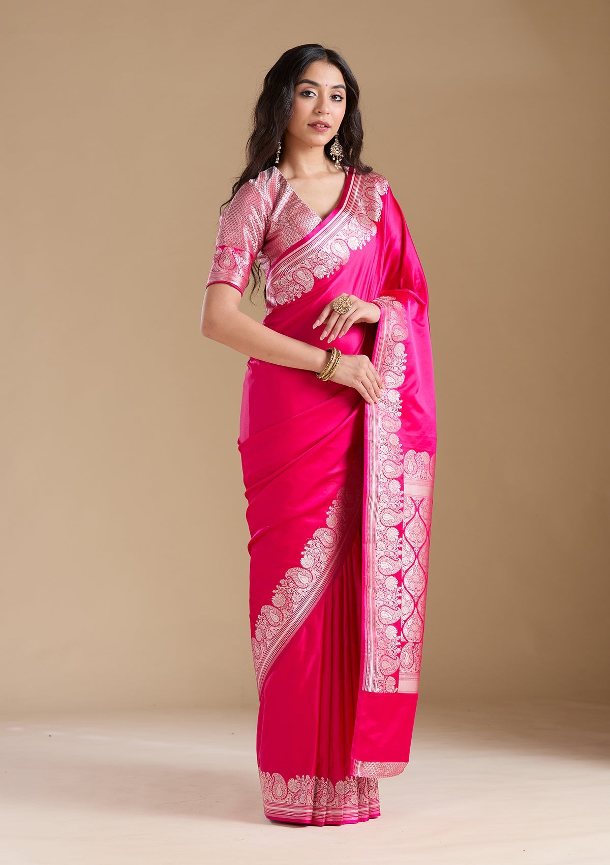 Rani Pink Zariwork (Gold) Banarasi Silk Saree-koskii