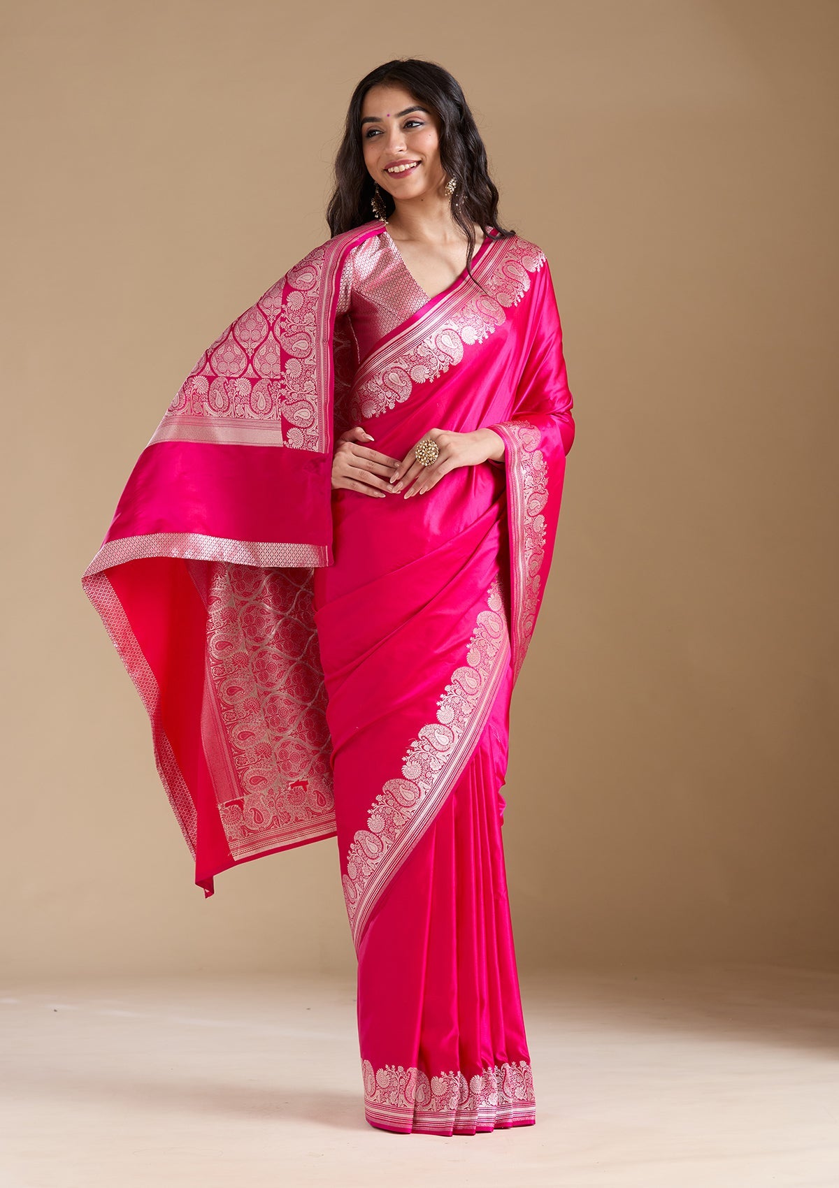 Rani Pink Zariwork (Gold) Banarasi Silk Saree-koskii