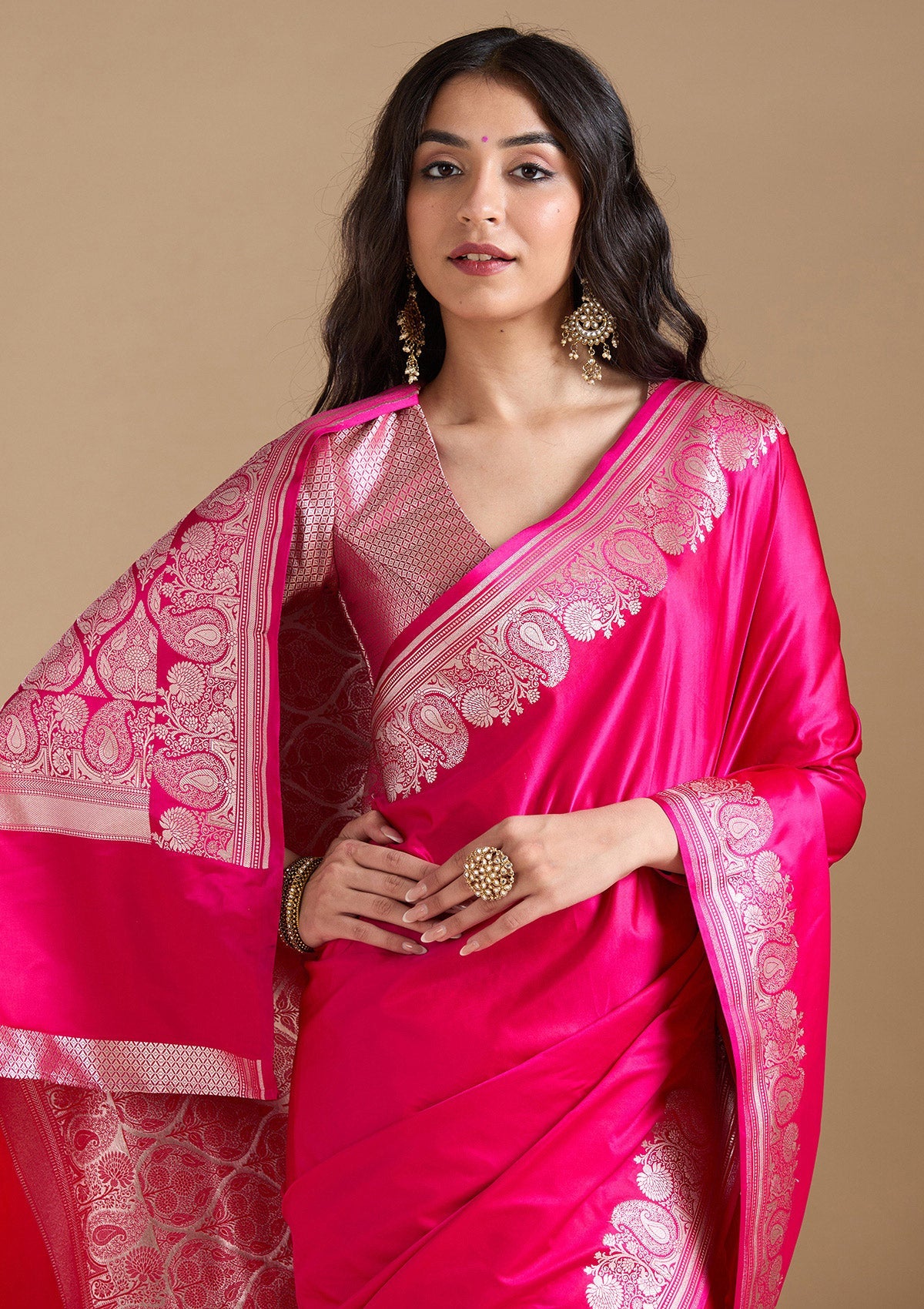 Rani Pink Zariwork (Gold) Banarasi Silk Saree-koskii