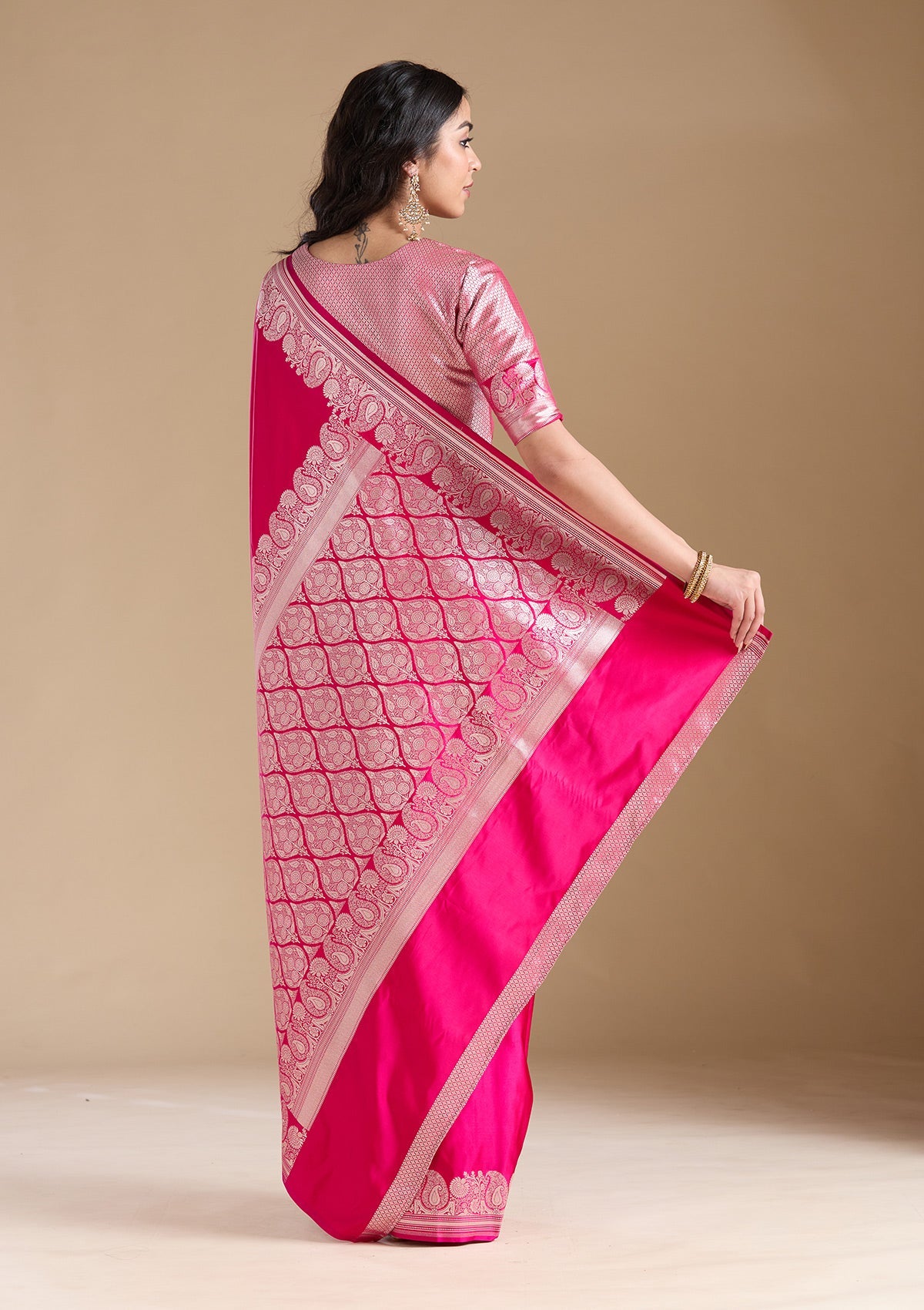 Rani Pink Zariwork (Gold) Banarasi Silk Saree-koskii