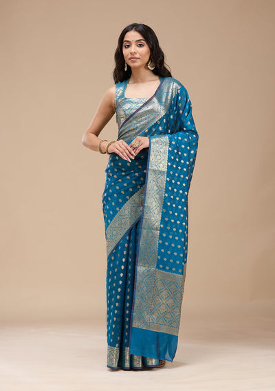 Navy Blue Zariwork (Gold) Banarasi Silk Saree-koskii