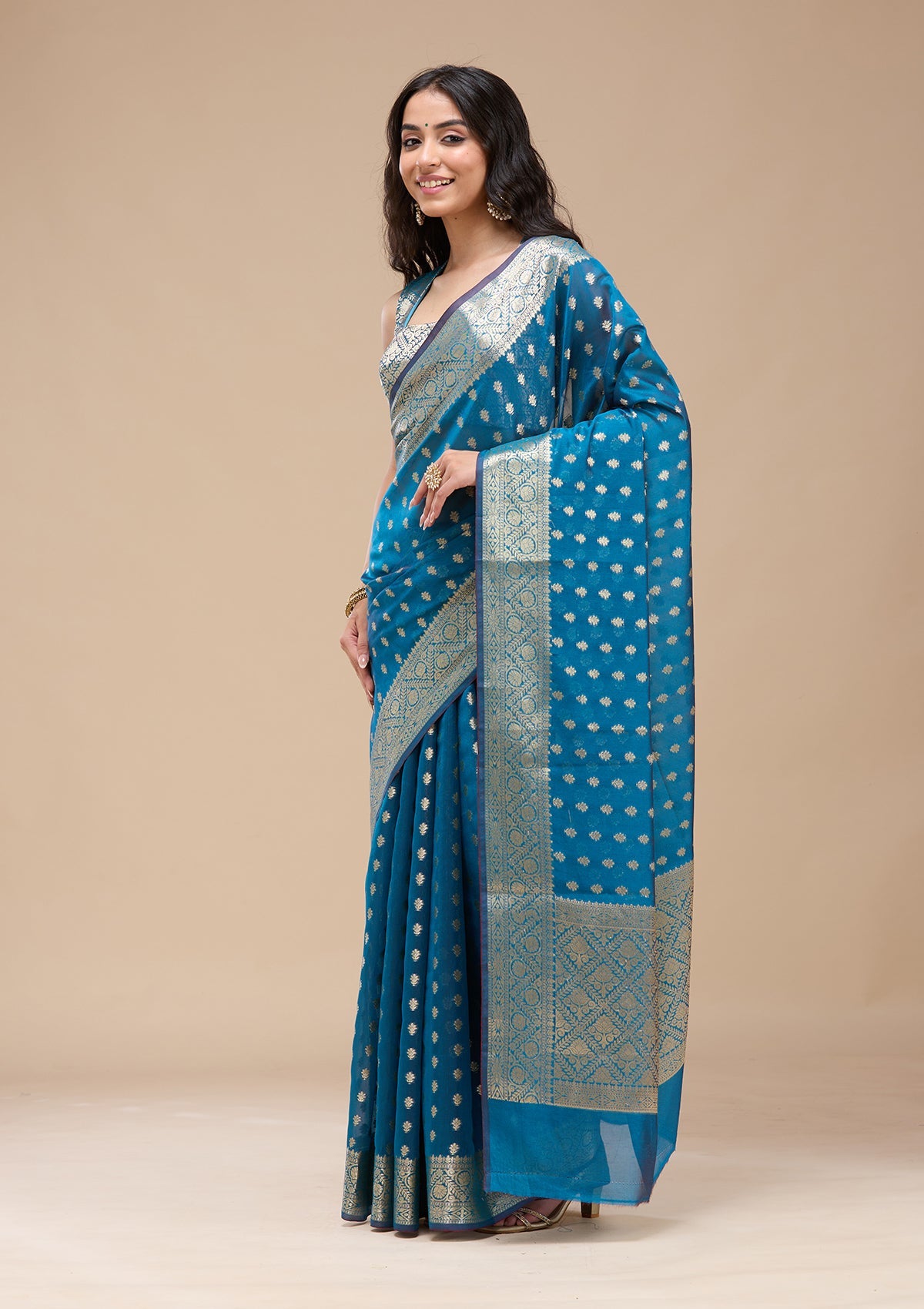 Navy Blue Zariwork (Gold) Banarasi Silk Saree-koskii