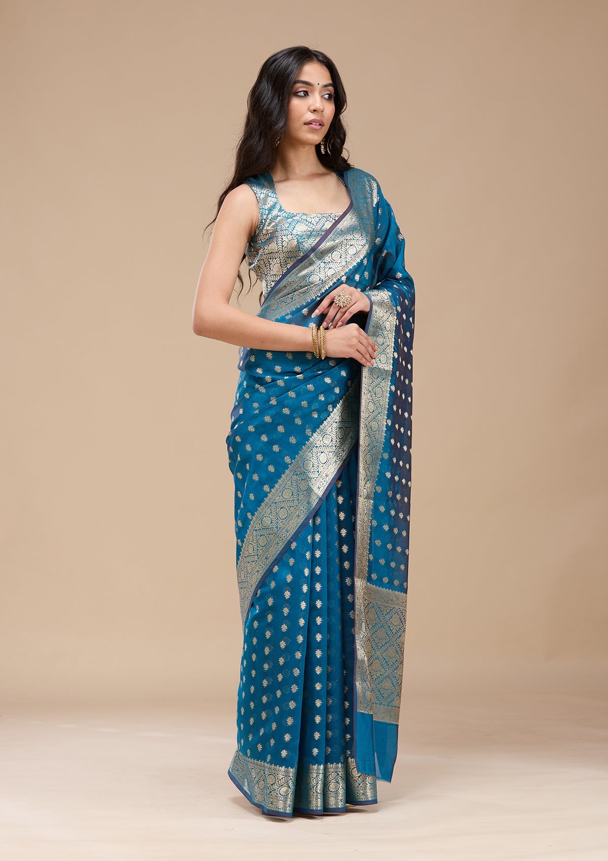 Navy Blue Zariwork (Gold) Banarasi Silk Saree-koskii