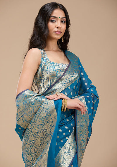 Navy Blue Zariwork (Gold) Banarasi Silk Saree-koskii