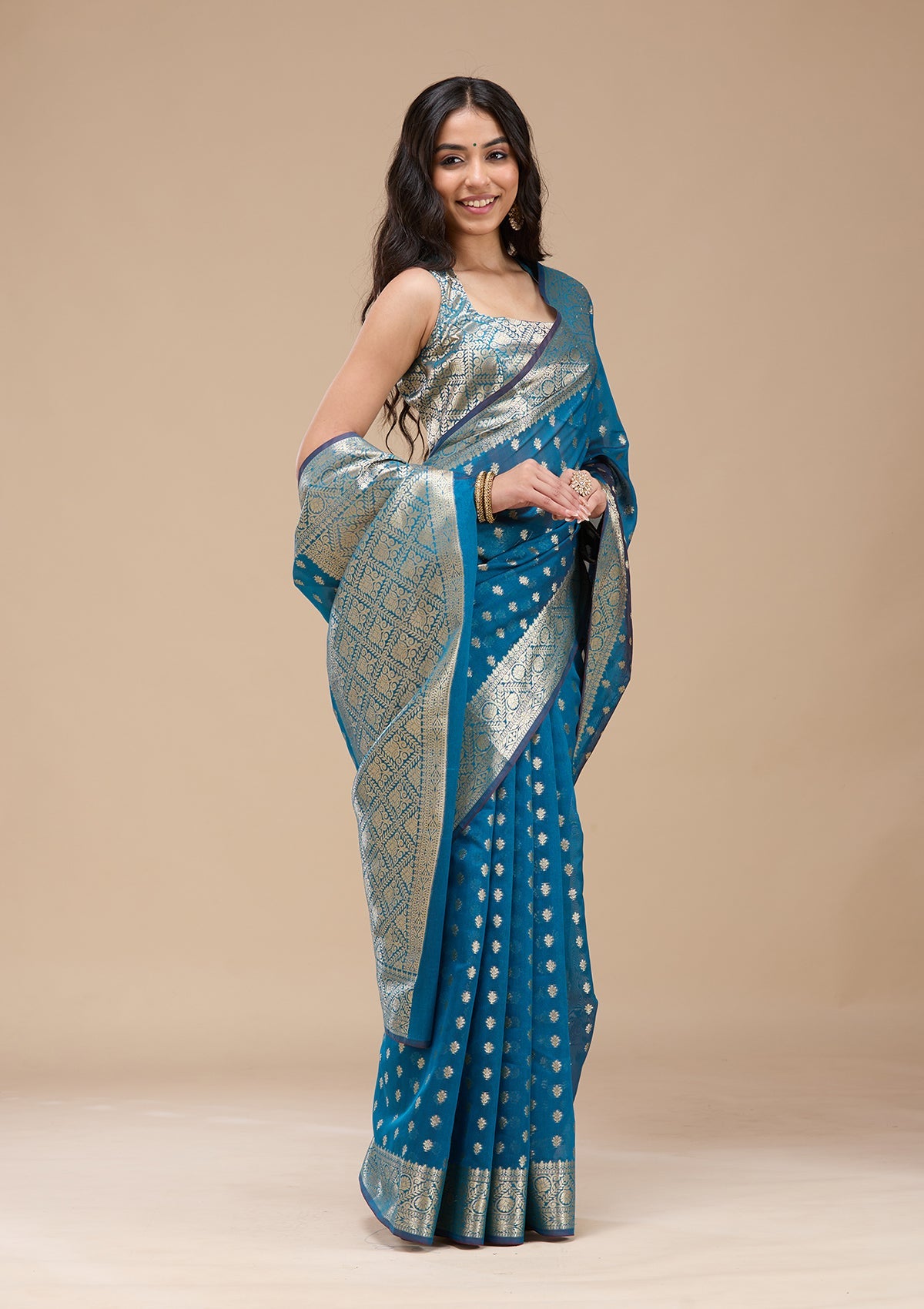 Navy Blue Zariwork (Gold) Banarasi Silk Saree-koskii